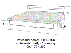 Rozkládací postel Dopio N-N z masivu – rozložená. Rozměrový nákres. Do postelí lze použít systém matrací sedák a opěrák nebo 3-dílnou matraci.