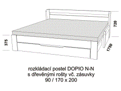 Rozkládací postel Dopio N-N z masivu – rozložená. Rozměrový nákres. Do postelí lze použít systém matrací sedák a opěrák nebo 3dílnou matraci.