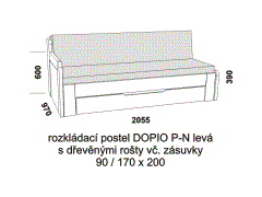 Rozkládací postel Dopio P-N levá z masivu – složená. Rozměrový nákres. Do postelí lze použít systém matrací sedák a opěrák nebo 3dílnou matraci.
