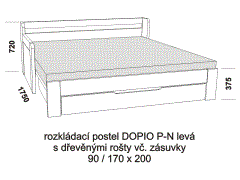 Rozkládací postel Dopio P-N levá z masivu – rozložená. Rozměrový nákres. Do postelí lze použít systém matrací sedák a opěrák nebo 3-dílnou matraci.