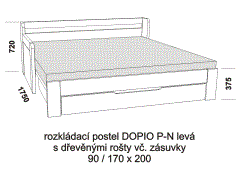 Rozkládací postel Dopio P-N levá z masivu – rozložená. Rozměrový nákres. Do postelí lze použít systém matrací sedák a opěrák nebo 3dílnou matraci.