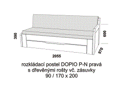 Rozkládací postel Dopio P-N pravá z masivu – složená. Rozměrový nákres. Do postelí lze použít systém matrací sedák a opěrák nebo 3dílnou matraci.