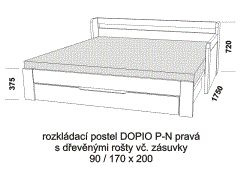 Rozkládací postel Dopio P-N pravá z masivu – rozložená. Rozměrový nákres. Do postelí lze použít systém matrací sedák a opěrák nebo 3-dílnou matraci.