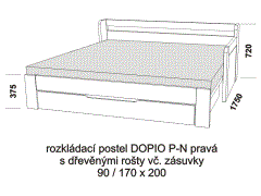 Rozkládací postel Dopio P-N pravá z masivu – rozložená. Rozměrový nákres. Do postelí lze použít systém matrací sedák a opěrák nebo 3dílnou matraci.