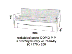 Rozkládací postel Dopio P-P z masivu – složená. Rozměrový nákres. Do postelí lze použít systém matrací sedák a opěrák nebo 3-dílnou matraci.