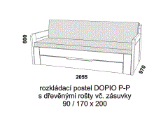Rozkládací postel Dopio P-P z masivu – složená. Rozměrový nákres. Do postelí lze použít systém matrací sedák a opěrák nebo 3dílnou matraci.