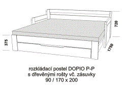 Rozkládací postel Dopio P-P z masivu – rozložená. Rozměrový nákres. Do postelí lze použít systém matrací sedák a opěrák nebo 3-dílnou matraci.