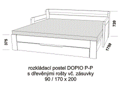 Rozkládací postel Dopio P-P z masivu – rozložená. Rozměrový nákres. Do postelí lze použít systém matrací sedák a opěrák nebo 3dílnou matraci.