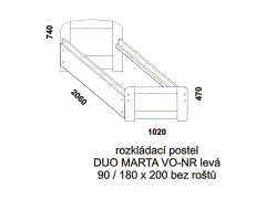 Rozkládací postel Duo Marta VO-NR levá - složená. Rozměrový nákres. Rozkládaní na dvoupostel pomocí speciálního mechanizmu. Provedení: masivní smrk.