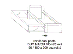 Rozkládací postel Duo Marta VO-NR levá - rozložená. Rozměrový nákres. Rozkládaní na dvoupostel pomocí speciálního mechanizmu. Provedení: masivní smrk.