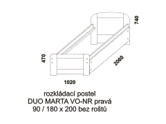 Rozkládací postel Duo Marta VO-NR pravá - složená. Rozměrový nákres. Rozkládaní na dvoupostel pomocí speciálního mechanizmu. Provedení: masivní smrk.