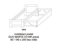 Rozkládací postel Duo Marta VO-NR pravá - rozložená. Rozměrový nákres. Rozkládaní na dvoupostel pomocí speciálního mechanizmu. Provedení: masivní smrk.