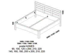 Masivní postel Agnes - rozměrový nákres. Výplň zadního čela postele: vodorovné a svislé příčky. Zaoblené hrany po celé konstrukci postele. Česká výroba.