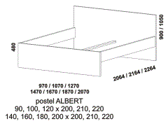 Postel Albert - rozměrový nákres. Provedení LTD. Široká nabídka barevných dezénů. Na výběr jsou 2 různé výšky zadního čela postele. Česká výroba.