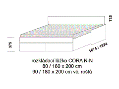 Rozkládací postel Cora N-N - rozložená. Rozměrový nákres. Provedení LTD. Do postelí lze použít systém matrací sedák a opěrák nebo 3-dílnou matraci.