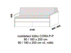 Rozkládací postel Cora P-P - složená. Rozměrový nákres. Provedení LTD. Do postelí lze použít systém matrací sedák a opěrák nebo 3-dílnou matraci.