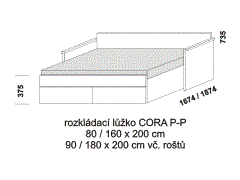 Rozkládací postel Cora P-P - rozložená. Rozměrový nákres. Provedení LTD. Do postelí lze použít systém matrací sedák a opěrák nebo 3-dílnou matraci.