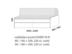 Rozkládací postel Dario N-N – složená. Rozměrový nákres. Provedení LTD. Do postelí lze použít systém matrací sedák a opěrák nebo 3dílnou matraci.