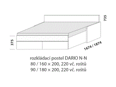 Rozkládací postel Dario N-N – rozložená. Rozměrový nákres. Provedení LTD. Do postelí lze použít systém matrací sedák a opěrák nebo 3dílnou matraci.