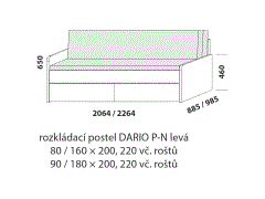 Rozkládací postel Dario P-N levá – složená. Rozměrový nákres. Provedení LTD. Do postelí lze použít systém matrací sedák a opěrák nebo 3dílnou matraci.