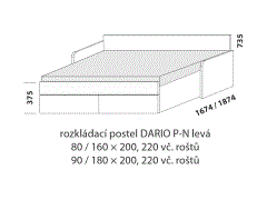 Rozkládací postel Dario P-N levá – rozložená. Rozměrový nákres. Provedení LTD. Do postelí lze použít systém matrací sedák a opěrák nebo 3dílnou matraci.