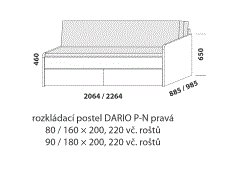 Rozkládací postel Dario P-N pravá – složená. Rozměrový nákres. Provedení LTD. Do postelí lze použít systém matrací sedák a opěrák nebo 3dílnou matraci.