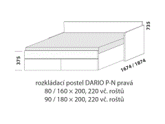 Rozkládací postel Dario P-N pravá – rozložená. Rozměrový nákres. Provedení LTD. Do postelí lze použít systém matrací sedák a opěrák nebo 3dílnou matraci.