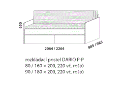 Rozkládací postel Dario P-P – složená. Rozměrový nákres. Provedení LTD. Do postelí lze použít systém matrací sedák a opěrák nebo 3dílnou matraci.