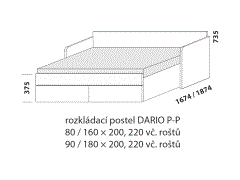 Rozkládací postel Dario P-P – rozložená. Rozměrový nákres. Provedení LTD. Do postelí lze použít systém matrací sedák a opěrák nebo 3dílnou matraci.