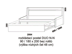 Rozkládací postel Duo N-N - rozměrový nákres. Provedení: LTD. Rozkládaní na dvoupostel pomocí speciálního mechanizmu. Postel se dodává bez podkladových roštů.