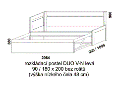 Rozkládací postel Duo V-N levá - rozměrový nákres. Provedení: LTD. Rozkládaní na dvoupostel pomocí speciálního mechanizmu. Postel se dodává bez roštů.