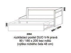 Rozkládací postel Duo V-N pravá - rozměrový nákres. Provedení: LTD. Rozkládaní na dvoupostel pomocí speciálního mechanizmu. Postel se dodává bez roštů.