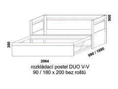 Rozkládací postel Duo V-V - rozměrový nákres. Provedení: LTD. Rozkládaní na dvoupostel pomocí speciálního mechanizmu. Postel se dodává bez podkladových roštů.