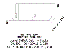 Postel Emma - rozměrový nákres. Hladké čelo. Provedení LTD. Velký výběr barevných dezénů. Vysoce kvalitní postel české výroby.