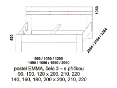Postel Emma - rozměrový nákres. Čelo s příčkou. Provedení LTD. Velký výběr barevných odstínů. Vysoce kvalitní postel české výroby.