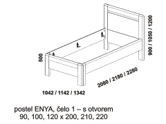 Jednopostel Enya - rozměrový nákres. Čelo s otvorem. Provedení: masivní dub, buk. Více barevných odstínů. Zaoblené hrany po celé konstrukci postele.