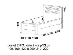 Jednopostel Enya - rozměrový nákres. Čelo s příčkou. Provedení: masivní dub, buk. Více barevných odstínů. Zaoblené hrany po celé konstrukci postele. Česká výrob