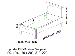 Jednopostel Enya - rozměrový nákres. Čelo plné. Provedení: masivní dub, buk. Více barevných odstínů. Zaoblené hrany po celé konstrukci postele. Česká výroba.