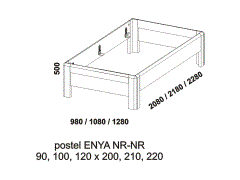Jednopostel Enya - rozměrový nákres. Obě čela nízká. Provedení: masivní dub, buk. Více barevných odstínů. Zaoblené hrany po celé konstrukci postele.