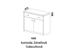 Komoda Enya 2dveřová 1zásuvková – rozměrový nákres. Provedení: masivní buk, dub. Více barevných odstínů. Vysoká kvalita.