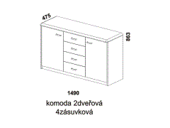 Komoda Enya 2-dveřová 4-zásuvková - rozměrový nákres. Provedení: masivní buk, dub. Více barevných odstínů. Praktická kombinace zásuvek a policových částí.