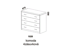 Komoda Enya 4-zásuvková - rozměrový nákres. Provedení: masivní buk, dub. Více barevných odstínů. Kvalitní konstrukce. Česká kvalita.