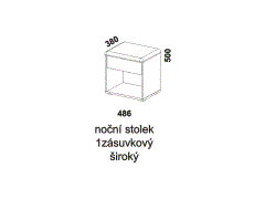 Noční stolek Enya 1zásuvkový, široký – rozměrový nákres. Provedení: masivní buk, dub. Více barevných odstínů. Kvalitní výrobek.