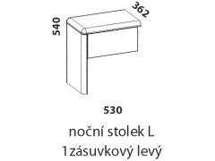 Noční stolek L 1zásuvkový Enya, levý – rozměrový nákres. Provedení: masivní buk, dub. Více barevných odstínů. Vysoká kvalita. Český výrobek.