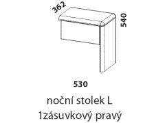 Noční stolek L 1zásuvkový Enya, pravý – rozměrový nákres. Provedení: masivní buk, dub. Více barevných odstínů. Vysoká kvalita. Český výrobek.