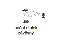 Noční stolek Enya závěsný – rozměrový nákres. Provedení: masivní buk, dub. Více barevných odstínů. Vysoká kvalita. Český výrobek.