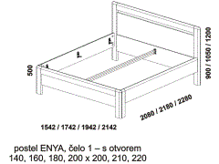 Postel Enya - rozměrový nákres. Čelo s otvorem. Provedení: masivní dub, buk. Více barevných odstínů. Zaoblené hrany po celé konstrukci postele.