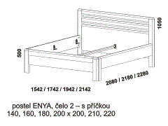 Postel Enya - rozměrový nákres. Čelo s příčkou. Provedení: masivní dub, buk. Více barevných odstínů. Zaoblené hrany po celé konstrukci postele. Česká výroba.
