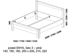 Postel Enya - rozměrový nákres. Čelo plné. Provedení: masivní dub, buk. Více barevných odstínů. Zaoblené hrany po celé konstrukci postele. Česká výroba.
