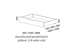 Zásuvka pod postel Enya z masivu – rozměrový nákres. Provedení: masivní buk, dub. Praktický úložný prostor. Česká výroba.